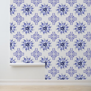 Inky Floral Wallpaper Blauw-wit Behang