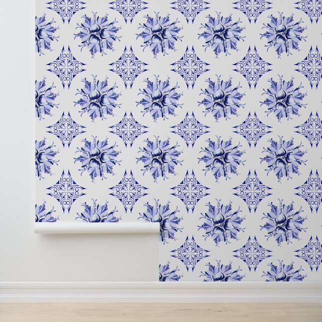 Inky Floral Wallpaper | Blauw-wit Behang (Applicatie)