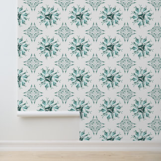 Inky Floral Wallpaper | Blauwgroen Groen Wit Behang