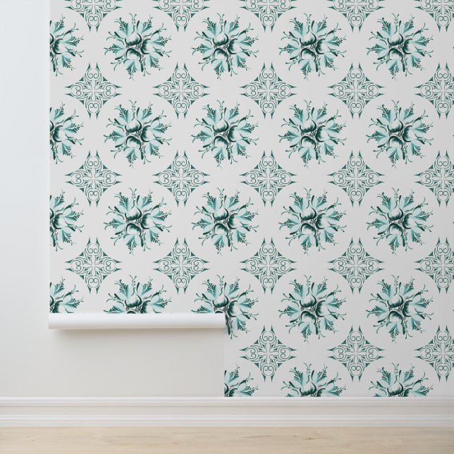 Inky Floral Wallpaper | Blauwgroen Groen Wit Behang (Applicatie)