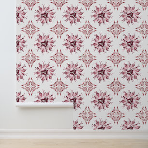 Inky Floral Wallpaper Bourgondië en Wit Behang