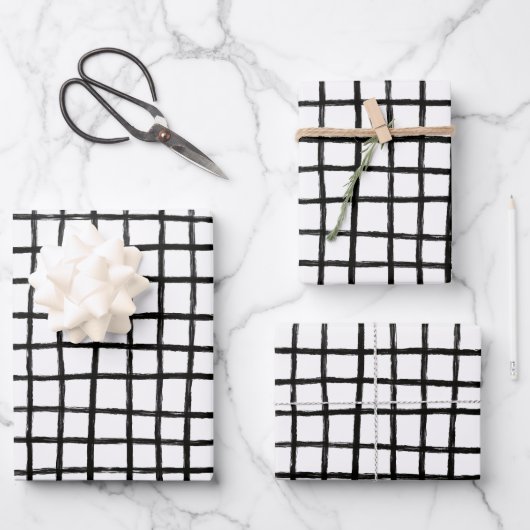 Inky Lines Grid Brushstrokes Simple Minimal B&W Inpakpapier Vel (Voorkant)