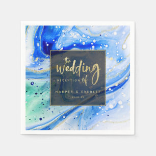 Inky Splash Blauwe Marmer met Gouden Folie Bruilof Servet