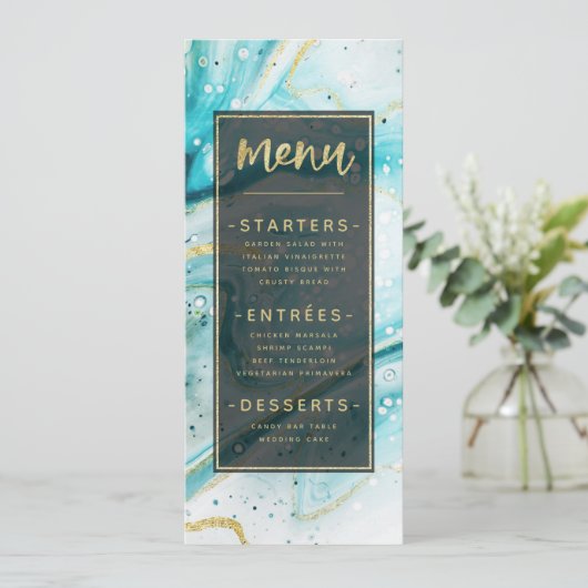 Inky Splash Blauwgroen marmer met goudfolie Menu (Staand voorkant)