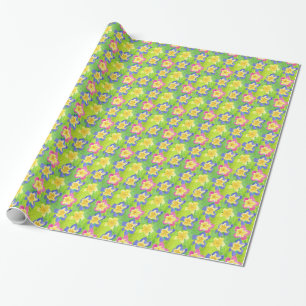 Inpakpapier: roze, blauw, gele primroses cadeaupapier
