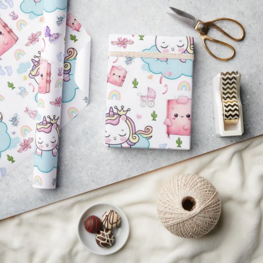 Inpakpapier Roze Blauwe Baby Eenhoorn Kat Regenboo (Crafts)