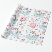 Inpakpapier Roze Blauwe Baby Eenhoorn Kat Regenboo (Uitgerold)
