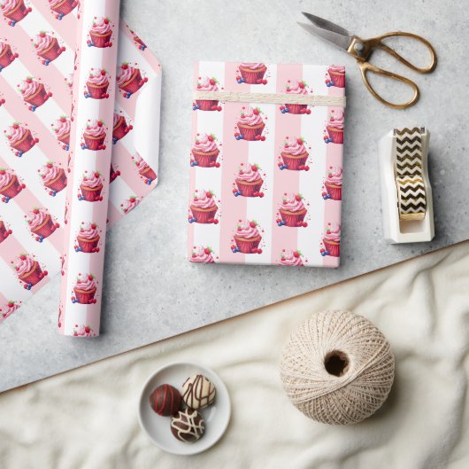 Inpakpapier Roze & Witte Streep Roze Cupcakes (Crafts)