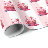 Inpakpapier Roze & Witte Streep Roze Cupcakes (Rol Hoek)