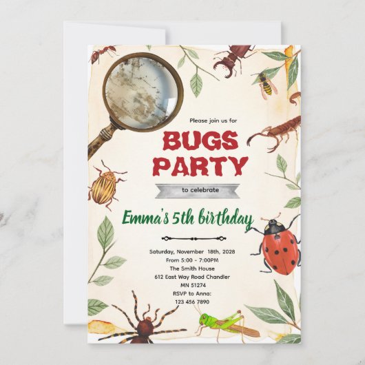 Insect Bugs Birthday party Invitation Kaart (Voorkant)