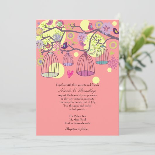 Inséparables de cage d'oiseaux roses Faire-part de (Debout devant)