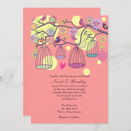 Inséparables de cage d'oiseaux roses Faire-part de (Devant / Derrière)