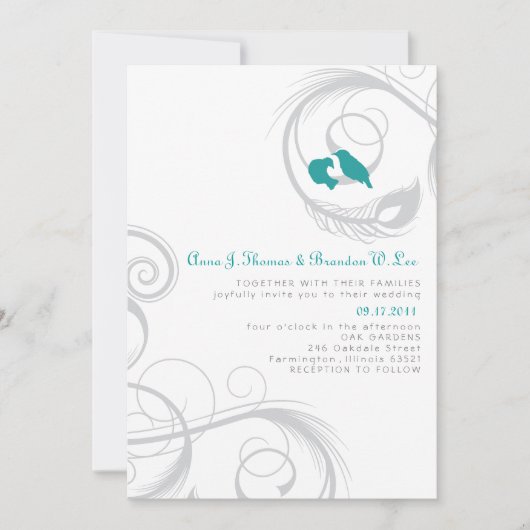 Inséparables et plume - Invitation Turquoise et ma (Devant)