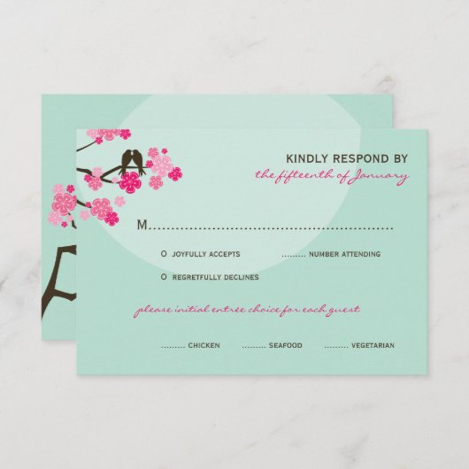 Inséparables mariage rose cerise fleurs carte RSVP (Devant / Derrière)