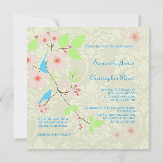 Inséparables sur les Invitations de mariage damass (Dos)