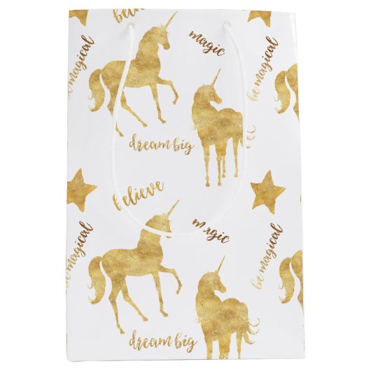 Inspirational Gold Unicorns Stars Medium Cadeauzakje (Voorkant)