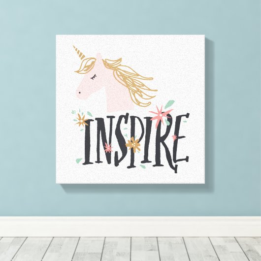 Inspire | Gold Mane Unicorn Canvas Afdruk (Insitu (Houten vloer))