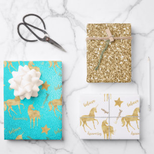 Inspirerend Aqua Gold Eenhoorns Sterren Inpakpapier Vel