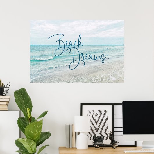Inspirerend Beach Dreams Quote Retro Ocean Waves Poster (Thuiskantoor)