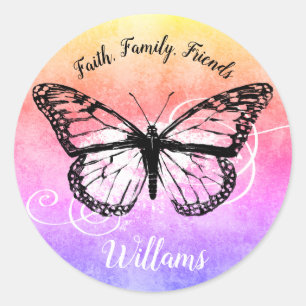 Inspirerend Vlinder Regenboog Familie Monogram Ronde Sticker