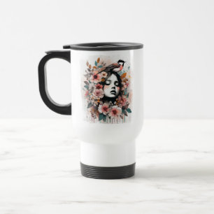 Inspirerende bloemkunst met vrouw en vogel reisbeker