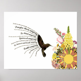 Inspirerende gebedskolibrie, zon en bloemen poster