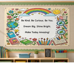 Inspirerende klaslokaal school met groeimentalitei spandoek