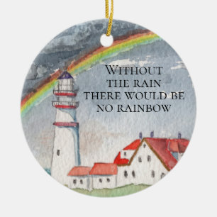 Inspirerende rode en witte vuurtoren en regenboog keramisch ornament