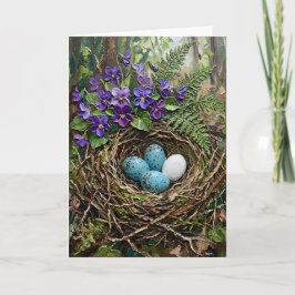 Inspiring Spring Bird Nest Violets Impasto Easter Feestdagen Kaart