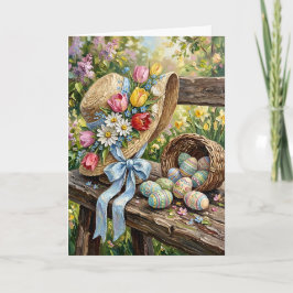 Inspiring Spring Floral Hat Easter Colourful Eggs Feestdagen Kaart