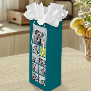 Instagram Fotocollage Monogram - Blauw en Lime Wijn Cadeautas