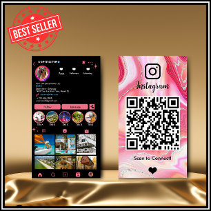 Instagram LUXURY Roze & Zwarte Marmer Agate QR Cod Visitekaartje