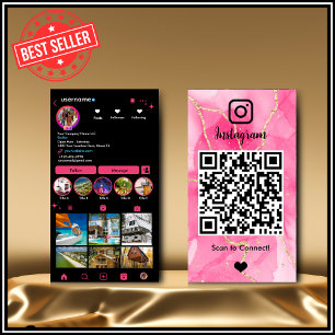 Instagram LUXURY Roze & Zwarte Marmer Agate QR Visitekaartje