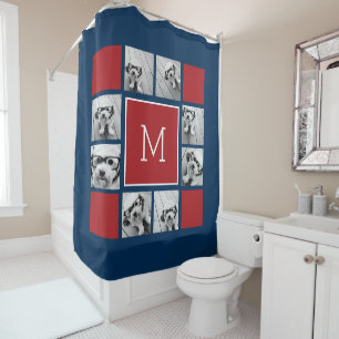Instagram Photo Collage Monogrammen - Rode marine Douchegordijn