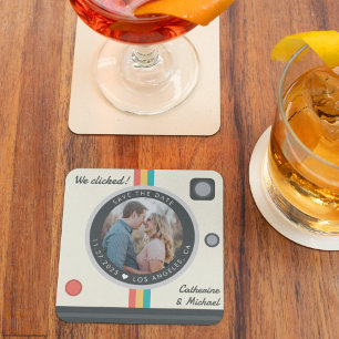 Instant Camera Couple Photo Unique Save the Date Vierkante Kartonnen Onderzetter