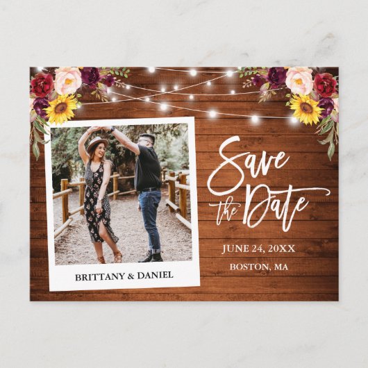Instant Camera Hout Mixed Floral Bewaar de datum Briefkaart (Voorkant)