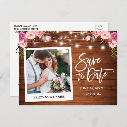 Instant Camera Hout Roze Bloemen Save The Date Briefkaart (Voorkant / Achterkant)