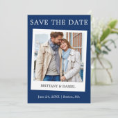 Instant Camera Style Couple Photo Blue Save The Date (Staand voorkant)