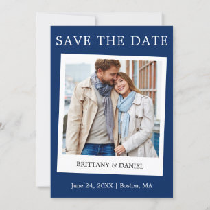 Instant Camera Style Couple Photo Blue Save The Date