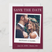 Instant Camera Style Couple Photo Burgundy Save The Date (Voorkant)