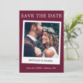 Instant Camera Style Couple Photo Burgundy Save The Date (Staand voorkant)