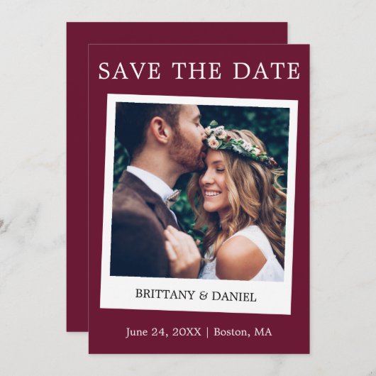 Instant Camera Style Couple Photo Burgundy Save The Date (Voorkant / Achterkant)