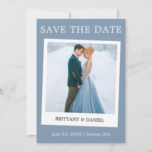 Instant Camera Style Couple Photo Dusty Blue Save The Date (Voorkant)