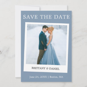 Instant Camera Style Couple Photo Dusty Blue Save The Date