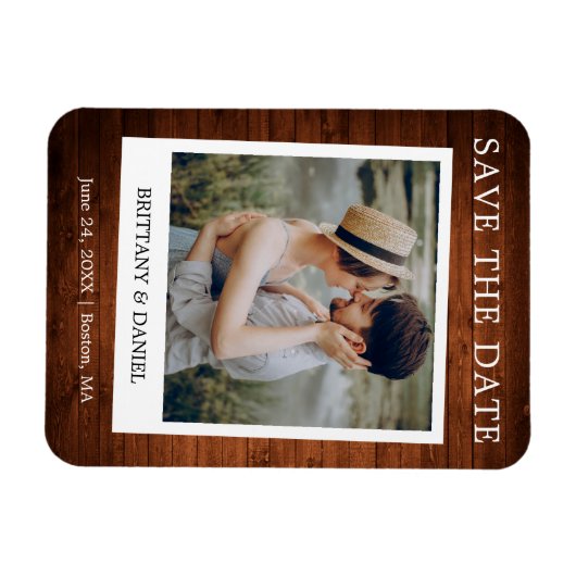 Instant Camera Style Photo Wood Save the Date Magneet (Horizontaal)