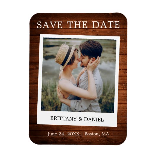 Instant Camera Style Photo Wood Save the Date Magneet (Verticaal)