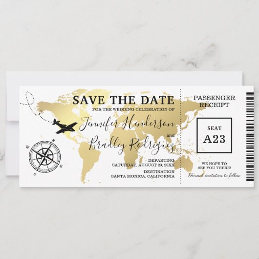 Instapassagier Boarding Pass Wereldkaart Save The Date (Voorkant)