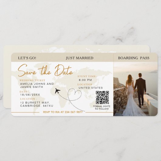 Instapkaart Vliegticket Save The Date Wedding Kaart (Voorkant / Achterkant)