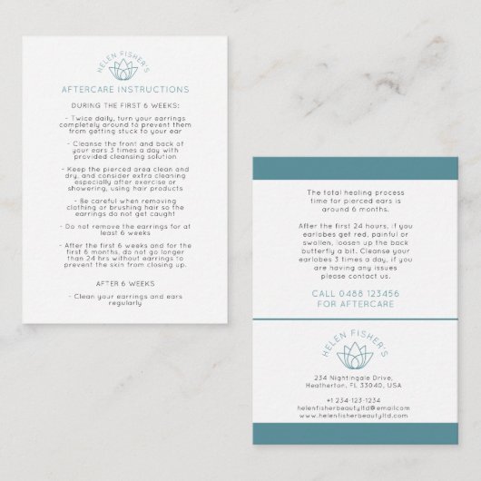 Instructies voor nazorg oor piercing kortingskaartje (Voorkant / Achterkant)