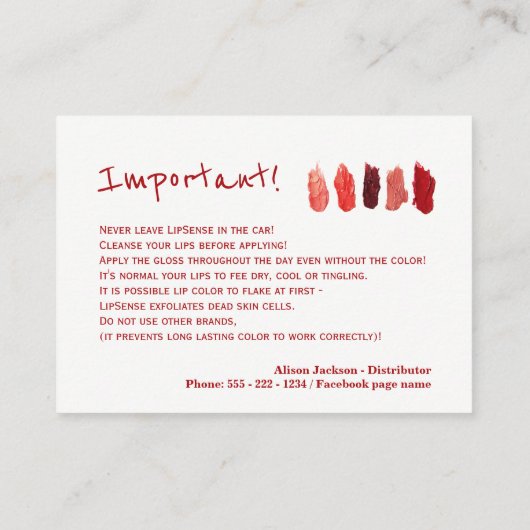 Instructies voor toepassing van lippenkleurverdele visitekaartje (Achterkant)